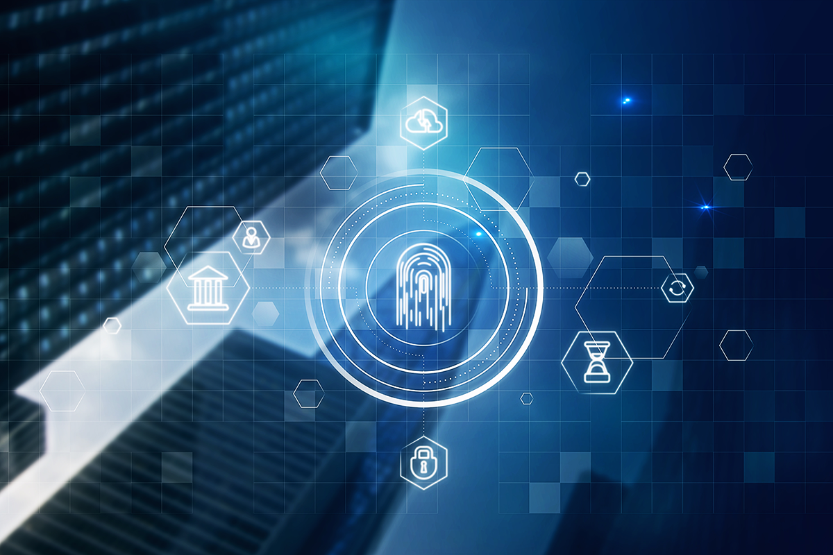 Digital security graphic featuring a fingerprint icon surrounded by technology symbols representing multi factor authentication and cybersecurity.