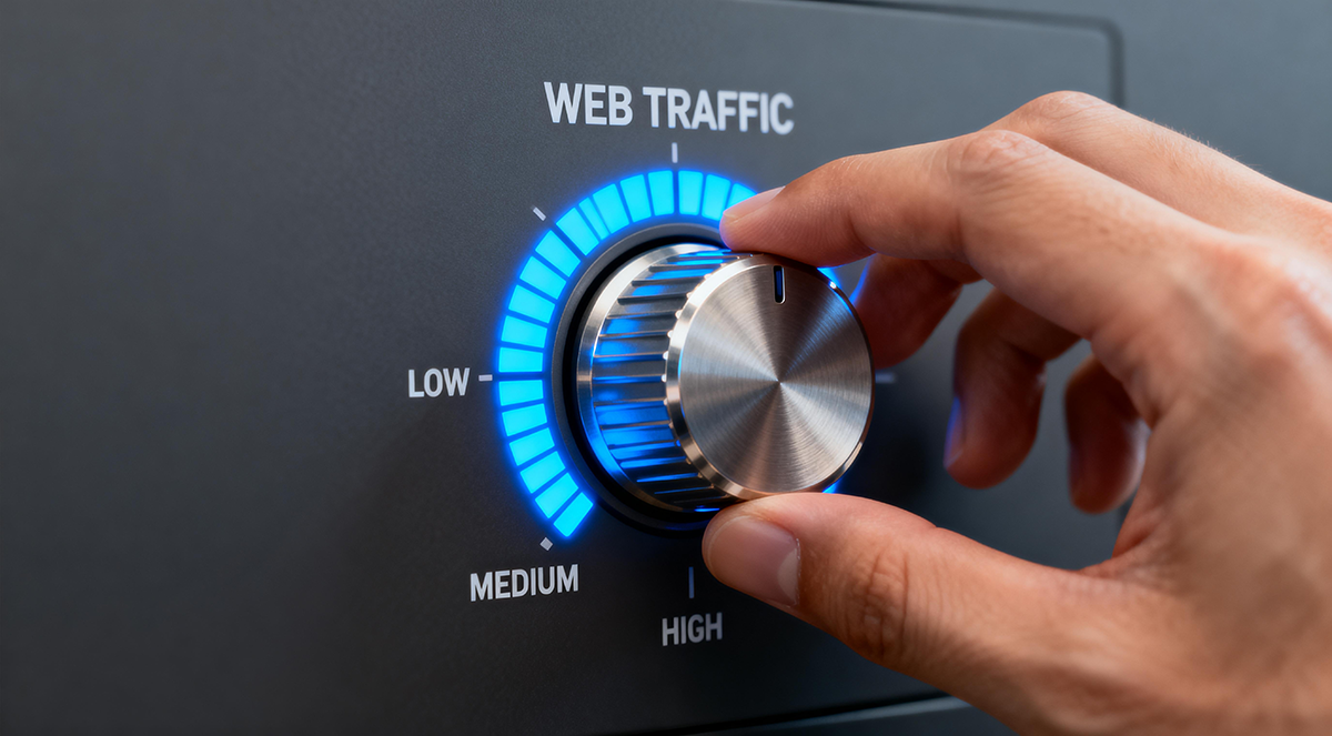Hand turning web traffic control dial to high, digital marketing and SEO performance growth concept.