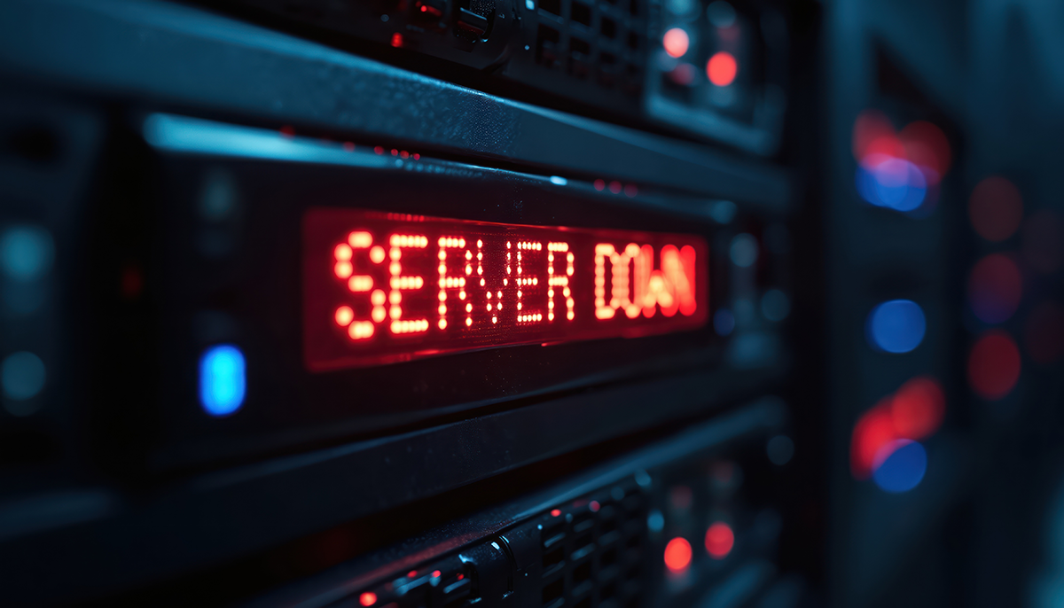 Server rack with red server down warning message in data center