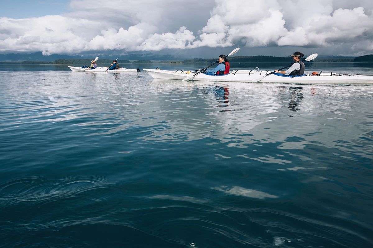 Group of kayakers paddling through calm ocean waters surrounded by mountains in Alaska