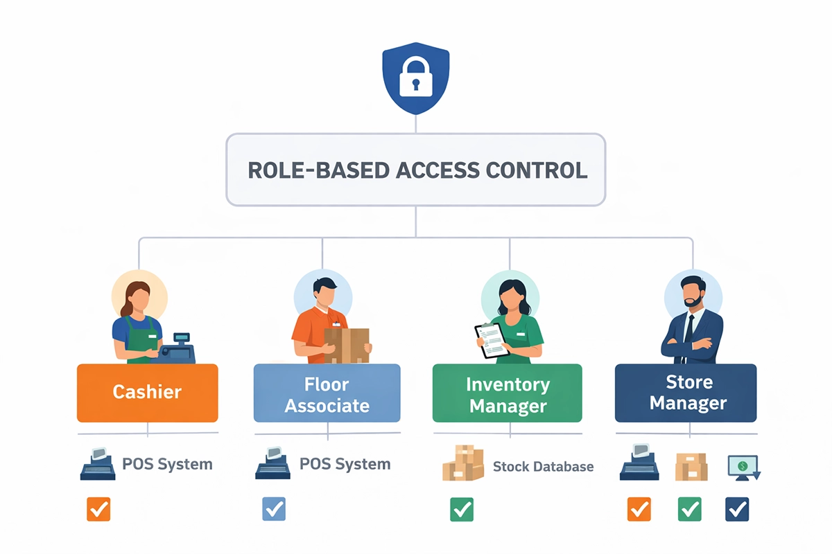 Illustration of role-based access control showing different user roles and system permissions
