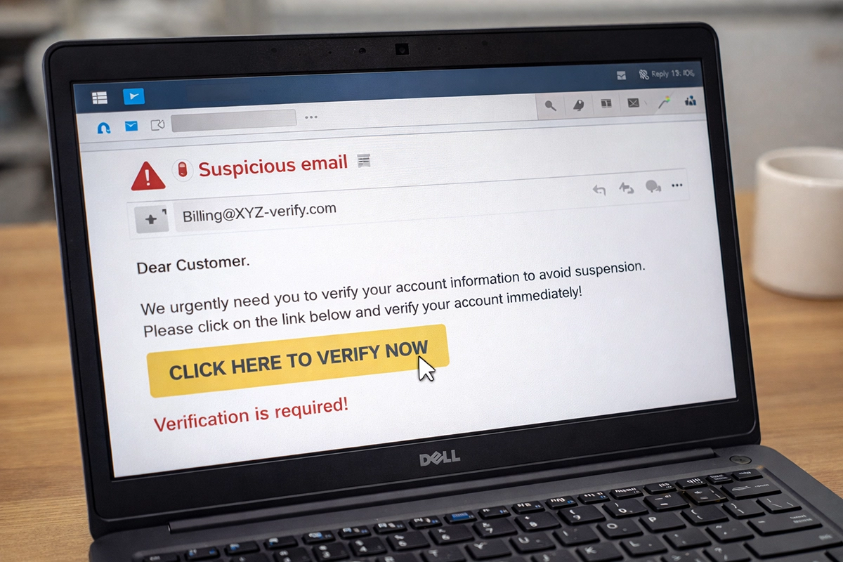 Laptop screen showing suspicious phishing email with urgent verification request and malicious link