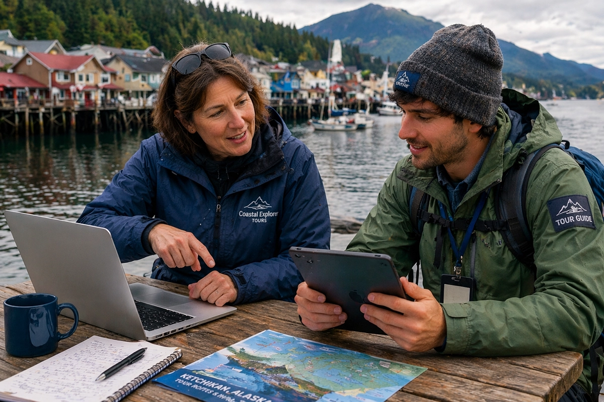 Tour guides reviewing itinerary and maps on tablet and laptop in Ketchikan, Alaska