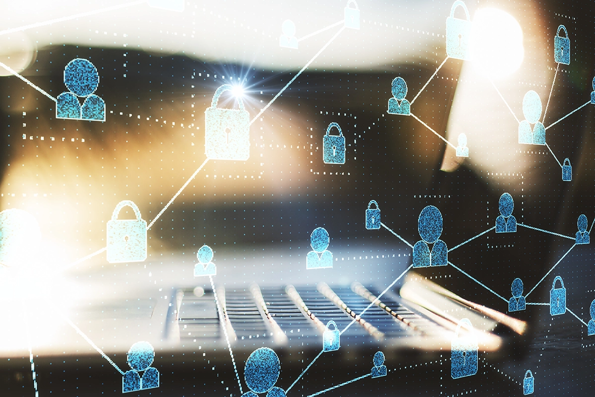 Digital network graphic showing user roles, permissions, and secure access connections