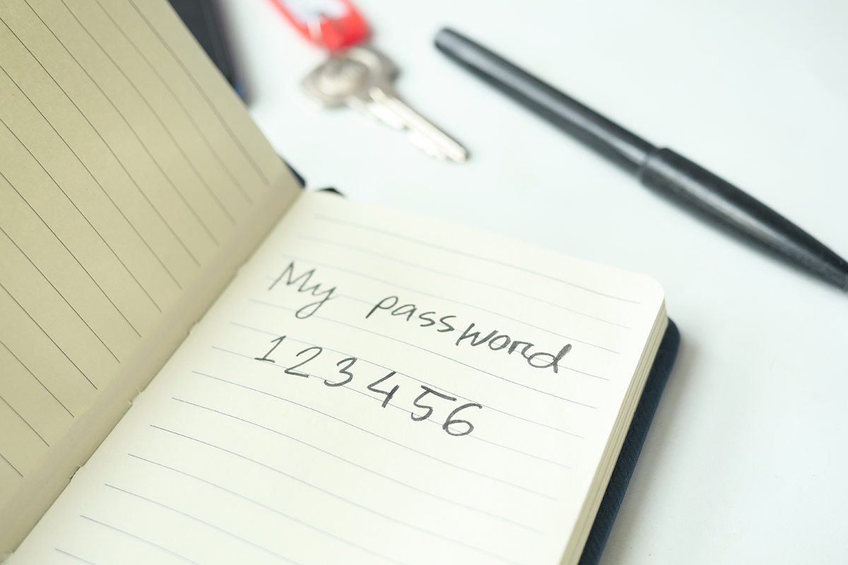 Open notebook with “My password 123456” handwritten on a page, with keys and a pen blurred in the background.