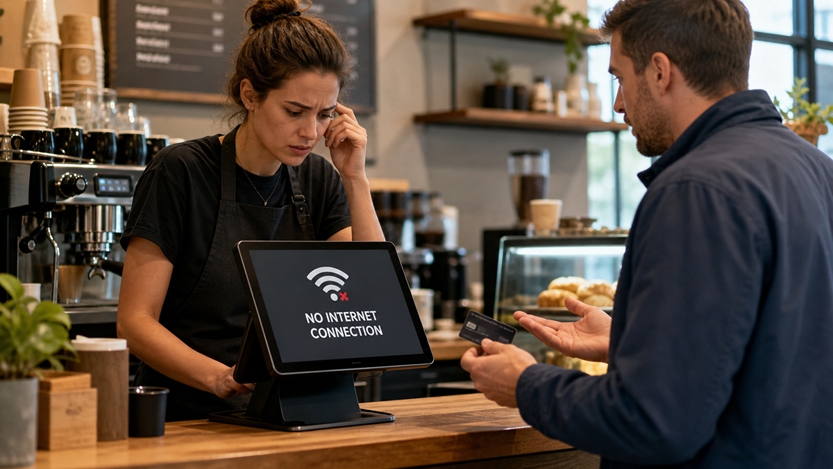 Concerned barista stands behind a café counter as the point-of-sale screen shows “No Internet Connection,” while a customer waits with a credit card.