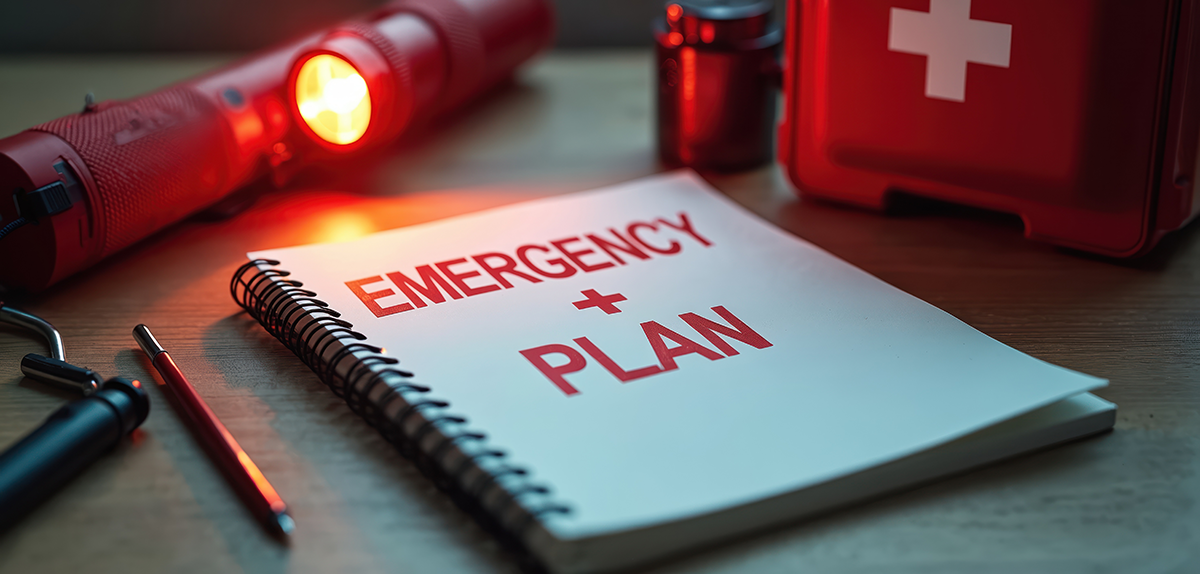 Close-up of a spiral-bound “Emergency Plan” booklet beside a glowing flashlight, red first-aid kit, and emergency supplies.