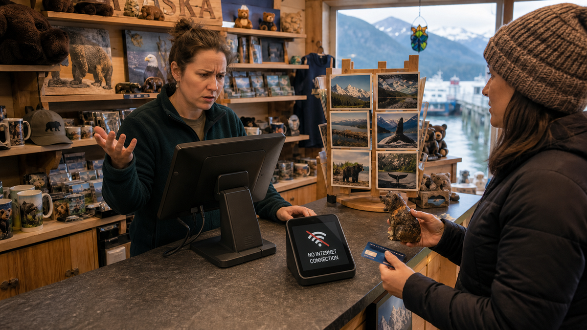 Frustrated gift-shop employee gestures toward a checkout system while a customer holds a credit card; a nearby screen displays “No Internet Connection.