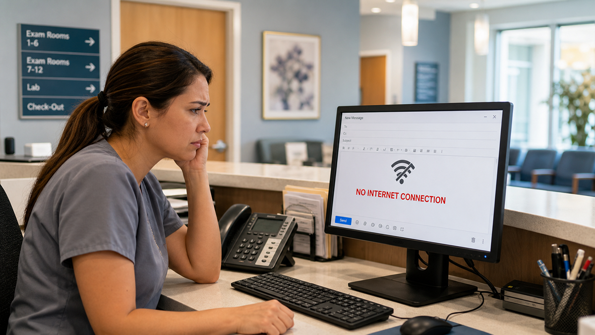 Receptionist in a medical office looks frustrated at a desktop computer displaying a “No Internet Connection” message while composing an email.