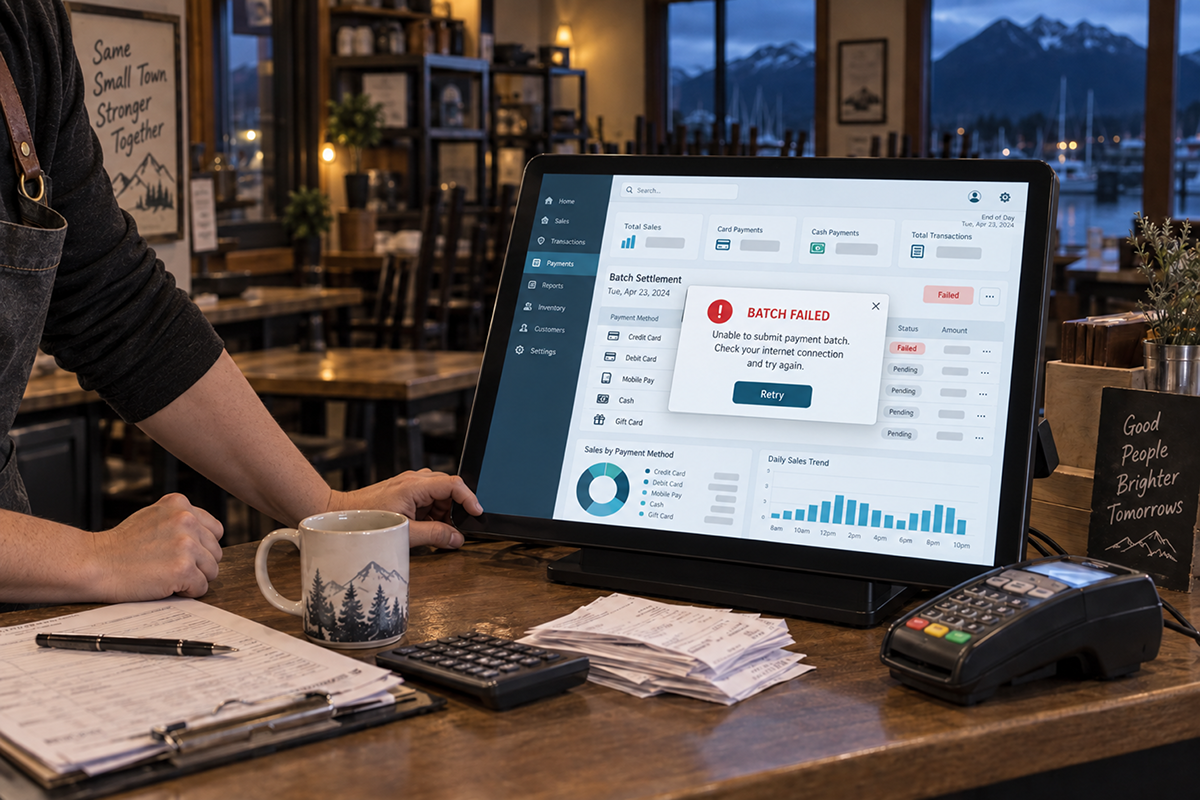 Restaurant or café point-of-sale computer displaying a “Batch Failed” payment error, with receipts, calculator, coffee mug, and card terminal on the counter; mountains and a marina are visible through the windows.