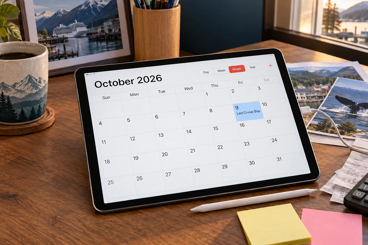 Tablet displaying an October 2026 calendar on a wooden desk, with October 9 highlighted as “Last Cruise Ship,” surrounded by travel photos, a coffee mug, sticky notes, and a calculator.