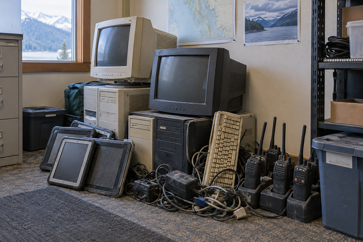 Storage room filled with dusty, outdated computer equipment, including CRT monitors, desktop towers, keyboards, rugged tablets, tangled cables, and handheld radios.