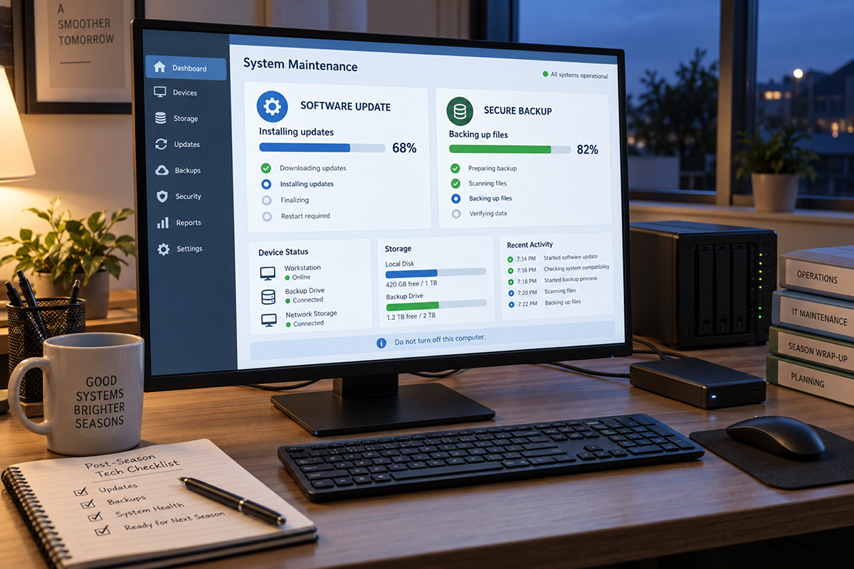 Office computer showing a system maintenance dashboard with a software update at 68% and secure backup at 82%, alongside a backup device, keyboard, coffee mug, and handwritten post-season tech checklist.