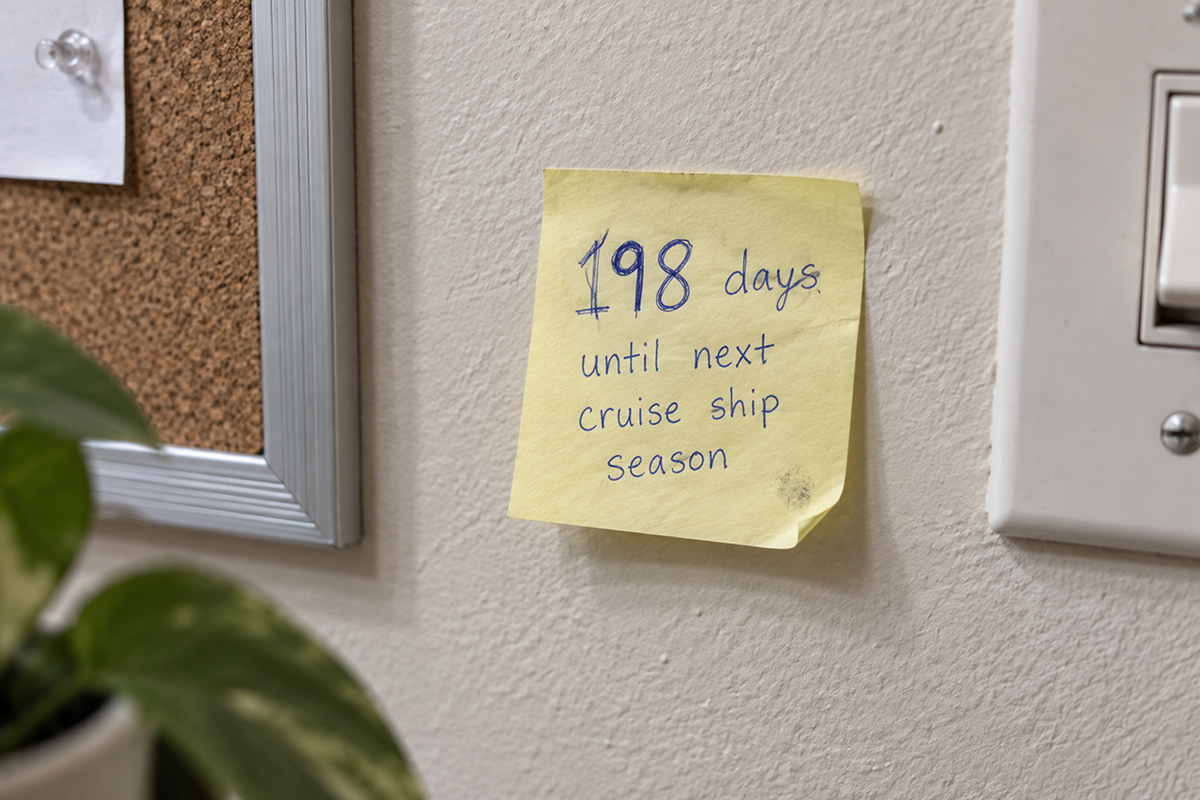 Yellow sticky note on an office wall reading, “198 days until next cruise ship season,” beside a corkboard and a leafy plant.