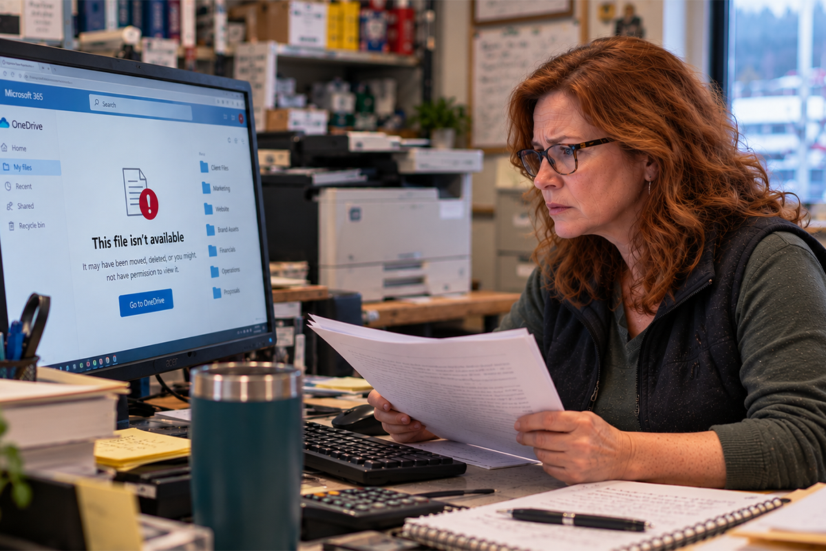 Worried office worker holding papers while a monitor shows a OneDrive “This file isn’t available” error