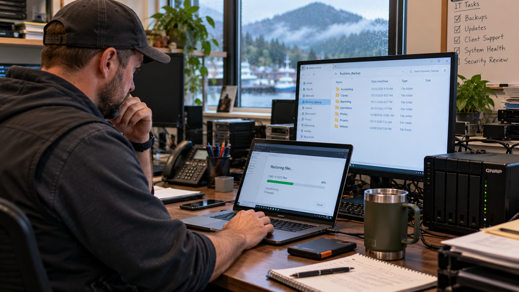 IT professional restoring business files from backup on a laptop, with a progress bar at 48% and a QNAP NAS nearby