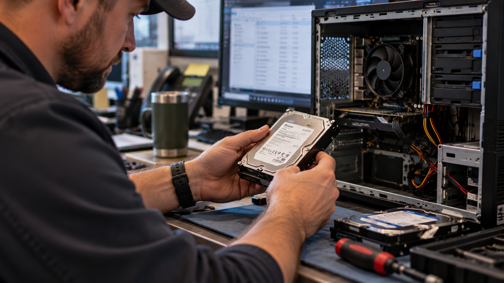 Technician holding a hard drive beside an open desktop computer during a hard drive replacement