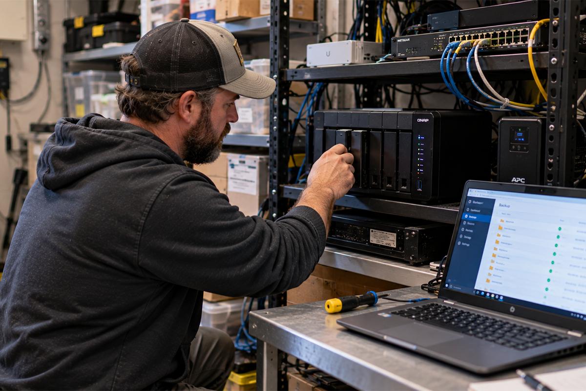IT technician servicing a QNAP NAS drive in a server rack with a backup dashboard open on a laptop