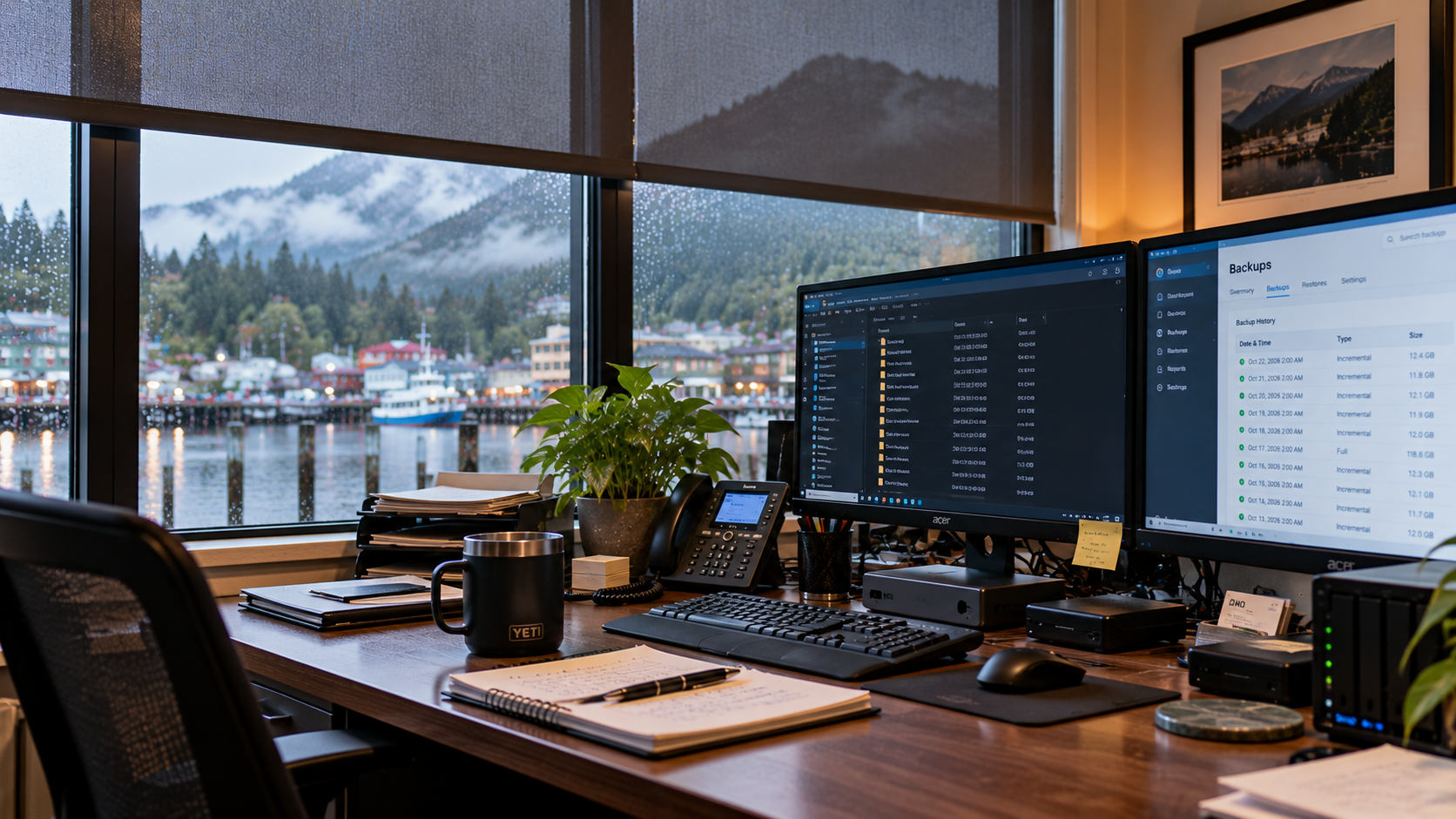 Office desk with dual monitors showing a backup history dashboard and a NAS drive, with a rainy harbor view outside