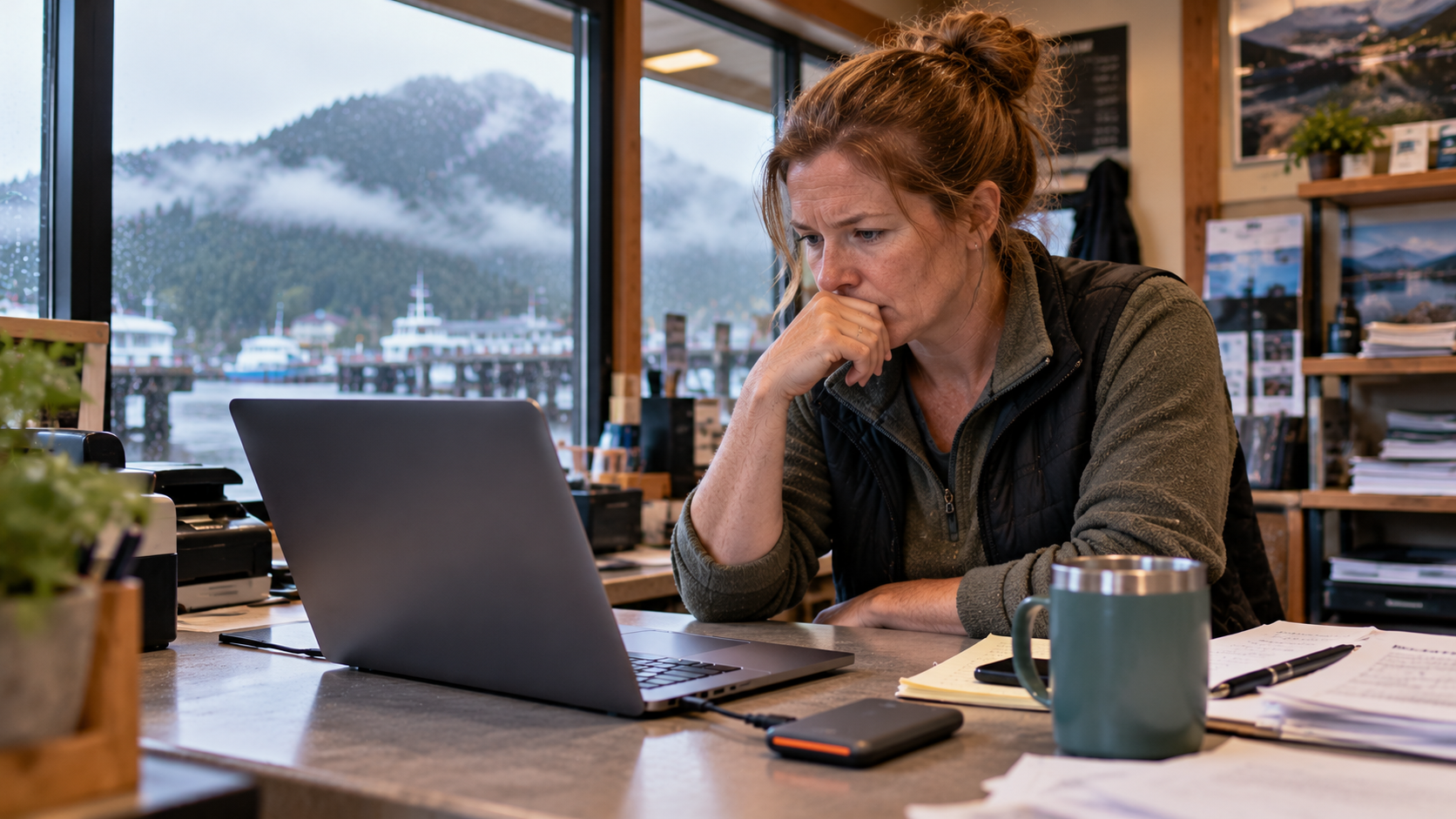 Worried small business owner looking at a laptop with an external backup drive on the desk