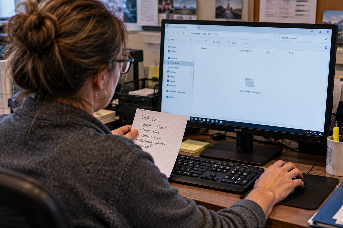 Office worker holding a handwritten list of missing files while a computer shows an empty client files folder