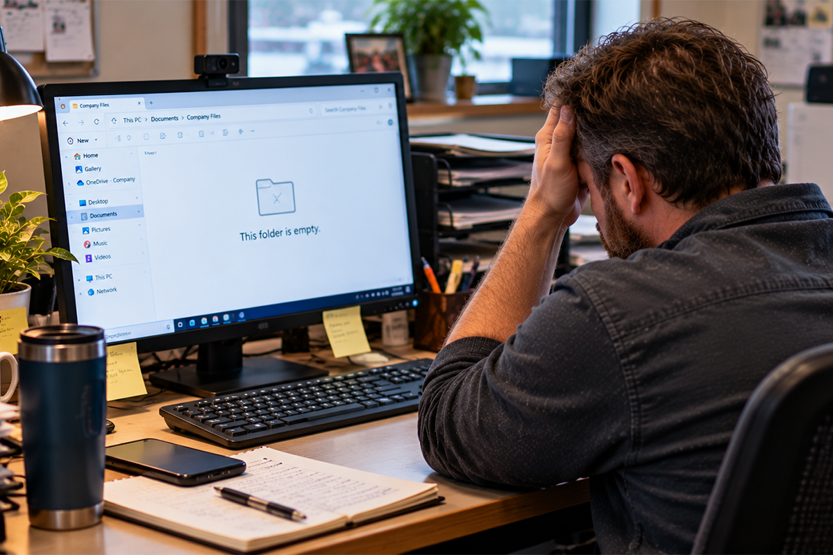 Frustrated business owner with head in hand in front of a monitor showing an empty company files folder