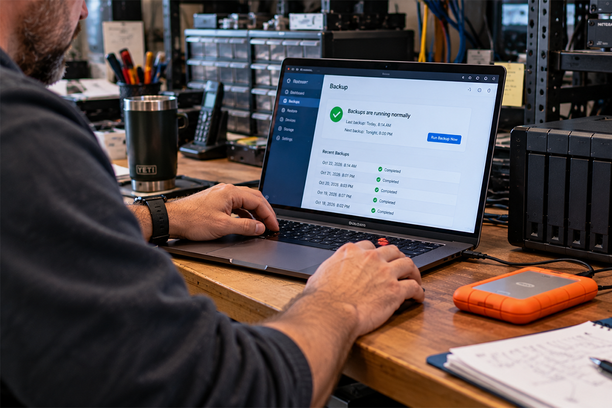 Laptop showing a backup dashboard with “Backups are running normally” and recent completed backups, next to a NAS and external drive
